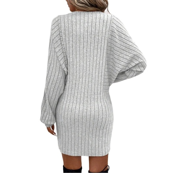 Grey Batwing Long Sleeve Ribbed Knit Bodycon Sweater Dress - Picture 4 of 7